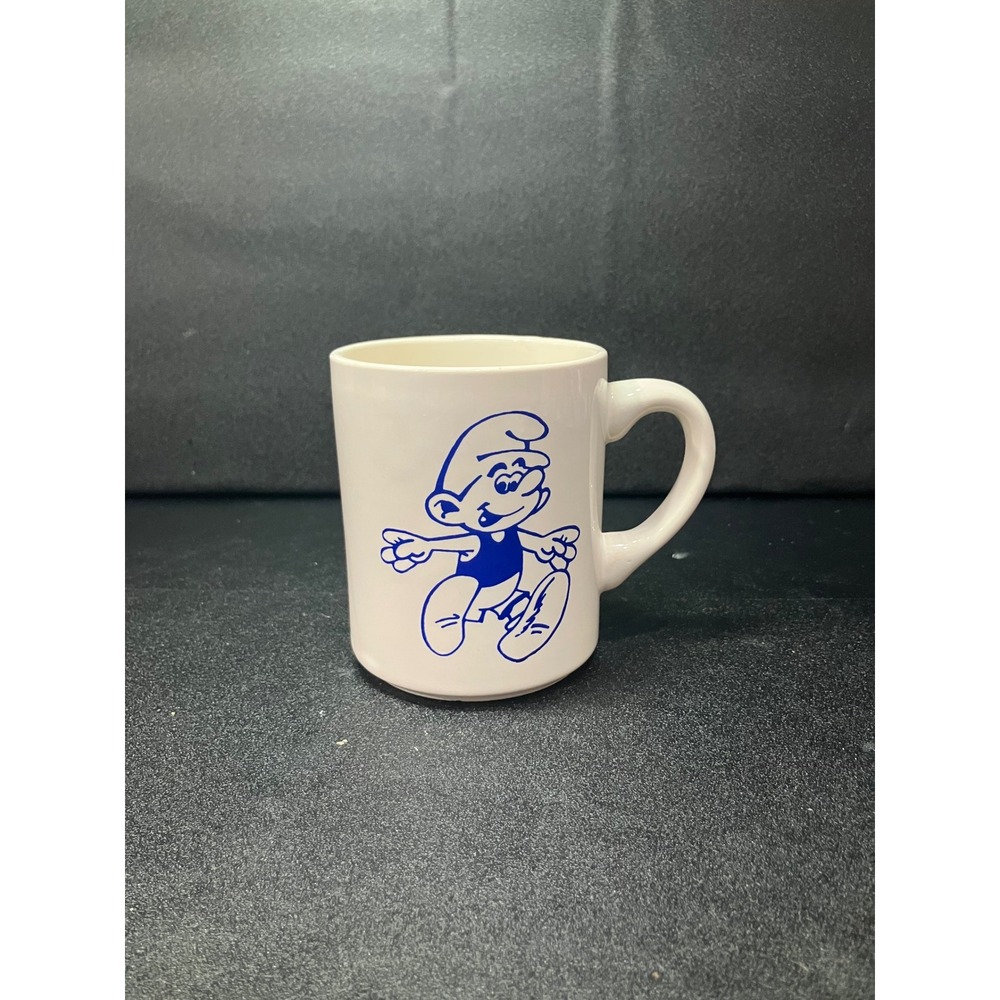 Smurfs Cartoon Character Mug,‎ 1980s Ceramic Coffee Cup, Collectible White Mug
